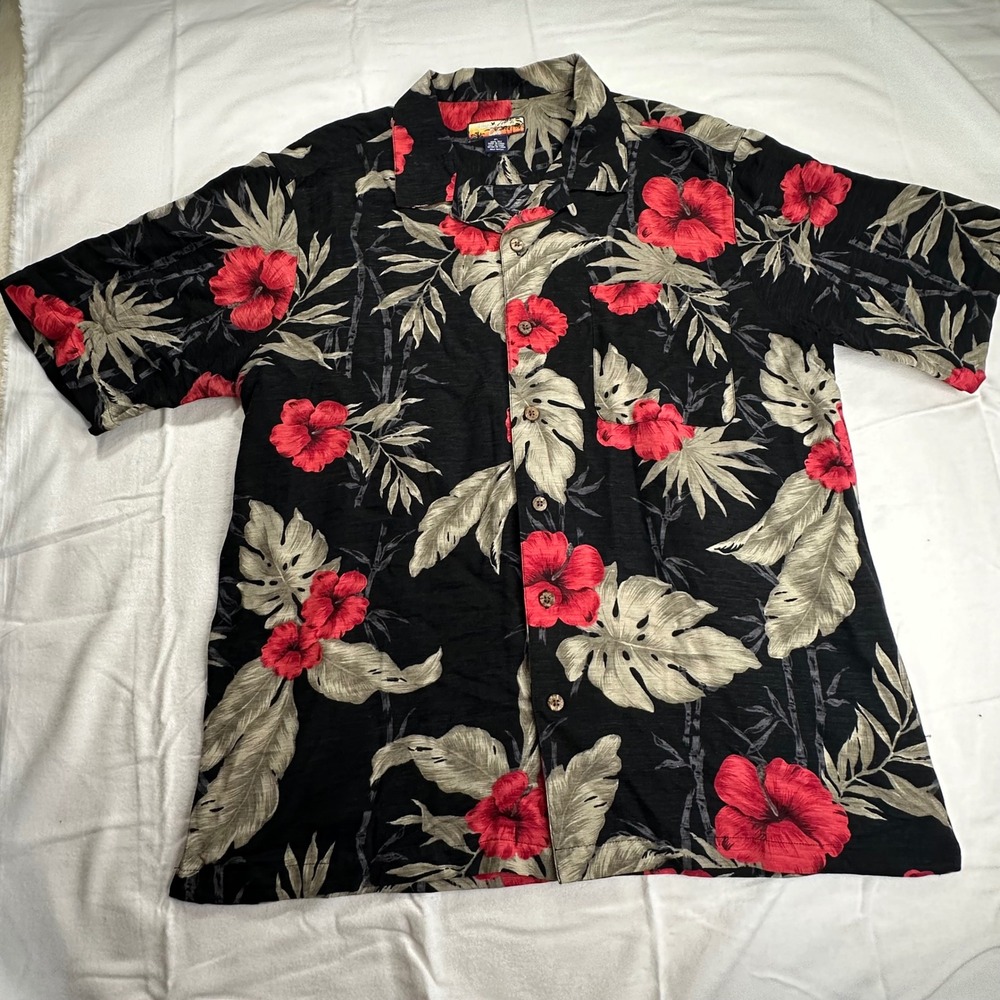 Havana Jacks Cafe Mens XL Silk Hawaiian Shirt Red Hibiscus Floral Black Tropical